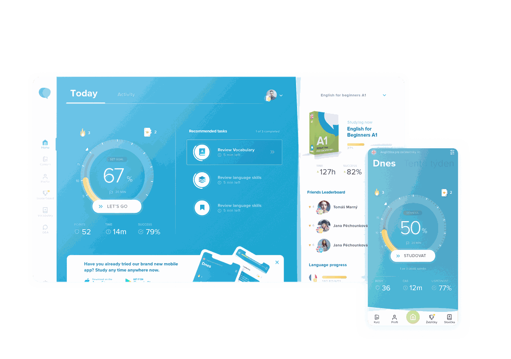 Aplikace Online Jazyky na počítači, tabletu i mobilu